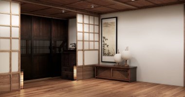Muji 'deki ahşap dolap boş oda, Japandi' nin en az tasarımı. 3B görüntüleme
