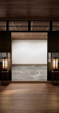 Mimari ve iç mekan konsepti granit zemindeki boş oda ahşap kaplama duvarı. 3B illüstrasyon oluşturma