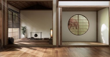Boş oda minimalist iç dekorasyonunda çember pencere japon stili, 3D