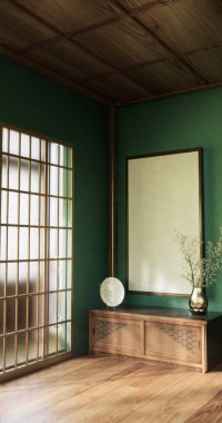 Modern boş odada dolap, ahşap zeminde nane duvarı, 3 boyutlu görüntüleme.