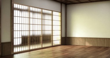 Ahşap zemin üzerinde boş modern oda 3D tasarım.