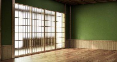 Yeşil duvar boş oda, modern Japon ahşap zemin, oda Japon geleneksel tarzı. 3B görüntüleme