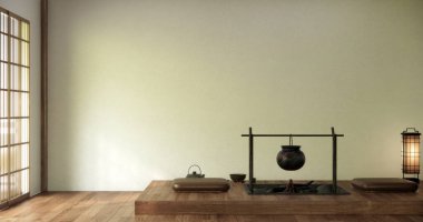 Odanın ortasında ateş çukuru olan Japon odasının pencere tasarımı. 3B görüntüleme