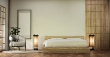 Yatak odası Japon tarzı, modern beyaz duvar ve ahşap zemin, oda minimalisti. 3B görüntüleme