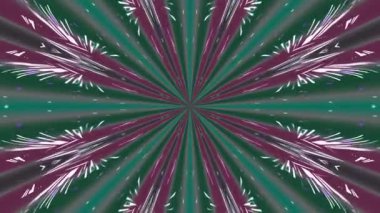 White rays of light against a background of purple and green shades form patterns similar to snowflakes. Animated background and club video. Endless cycle. A loop