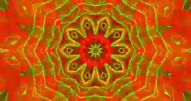 Luminous rays of red, green and yellow shades form constantly changing kaleidoscope patterns against a dark background. Animated background and club video. Endless cycle. A loop