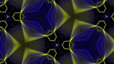 Sarı ve mavi renklerde parlayan kaleydoskopik asimetrik desenler. Animasyon arka plan ve kulüp videosu. Sonsuz döngü. Döngü