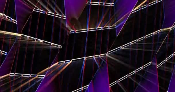 Meerkleurige Lichtstralen Flikkeren Bewegen Driedimensionale Ruimte Worden Veel Vlakken Gebroken — Stockvideo