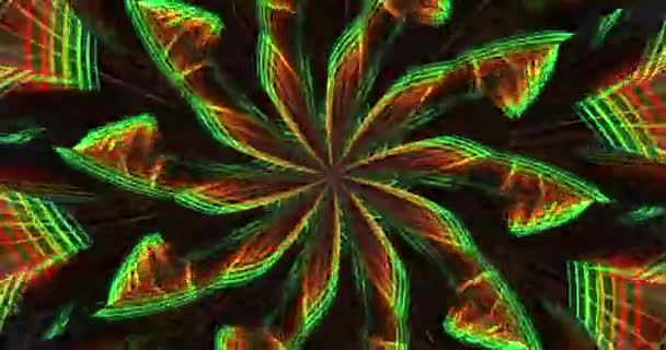 Разноцветные Лучи Света Постоянно Вращаются Формируя Цветочные Узоры Анимированное Фоновое — стоковое видео