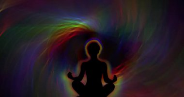 Meditasyon yapan bir adamın silueti sürekli hareket eden çok renkli ışıkların arka planına karşı. Meditasyon videosu. Animasyon arka plan ve kulüp videosu. Sonsuz döngü. Bir döngü