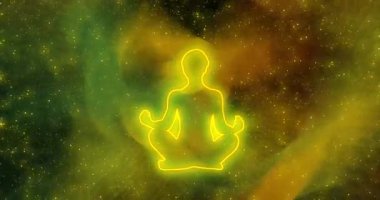 Meditasyon yapan bir adamın silueti ışık ışınlarının arka planına karşı, sürekli hareket eden ve uçan yıldızlar. Animasyon arka plan ve kulüp videosu. Sonsuz döngü. Bir döngü