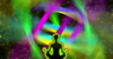 Sürekli hareket eden ve uçan yıldızların arka planında meditasyon yapan bir insanın silüeti. Animasyon arka plan ve kulüp videosu. Sonsuz döngü. Bir döngü