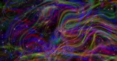Meditasyon yapan bir adamın silueti sürekli hareket eden çok renkli ışıkların arka planına karşı. Meditasyon videosu. Animasyon arka plan ve kulüp videosu. Sonsuz döngü. Bir döngü