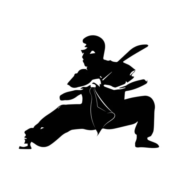 Silueta Hombre Mostrando Wushu Kung Taekwondo Con Una Espada Dao — Vector de stock
