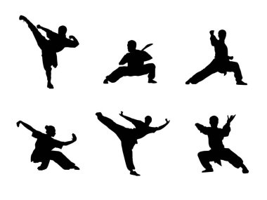 Wushu, kung fu, tekvando, Aikido. Beyaz arka planda izole edilmiş insanların silueti. Spor pozisyonları. Tasarım öğeleri ve simgeler. Dövüş duruşu. Vektör çizimi.