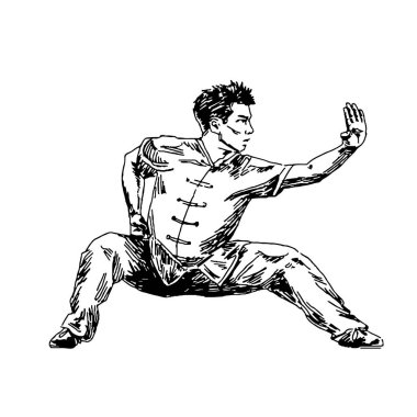 Grafik kaynaklarını kullan. Figür çizimi Wushu kung fu çizimi vektör illüstrasyonuydu. Simge