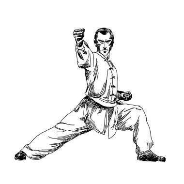 Clip sanatının grafik kaynakları. Kroki, Wushu Kung Fu 'suyla çizilmiş. vektör illüstrasyonu.