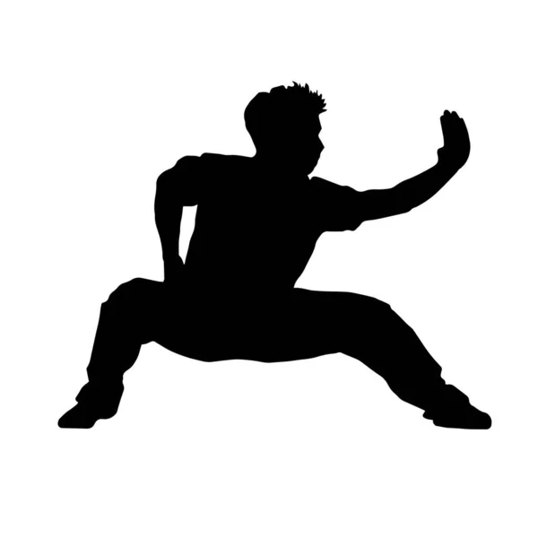 Sylwetka Mężczyzny Pokazującego Wojownicze Wushu Ćwiczenie Kung Ilustracja Wektora Ikona — Wektor stockowy