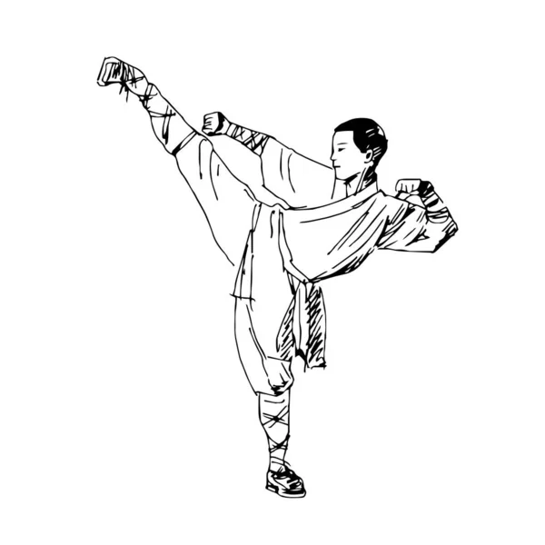 Dibujado Shaolin Monje Wushu Kung Postura Ilustración Vectorial Recursos Gráficos — Vector de stock