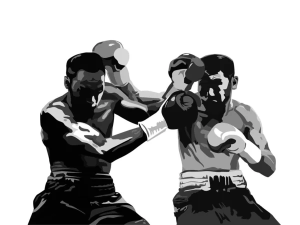 拳击手格斗的黑白图形描绘了轮廓 矢量图解组 — 图库矢量图片