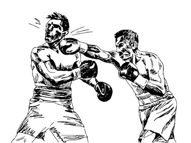 Boks taze yumruklarla dövüşür. Çizim siyah ve beyaz vektör illüstrasyon eli clipart çizdi
