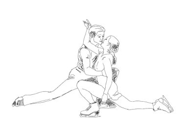 artistik patinaj çift izole siluet , siyah ve beyaz çizim, beyaz arka plan