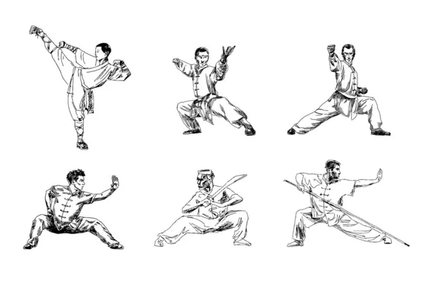 Conjunto Dibujo Mano Hombre Mostrando Wushu Postura Kung Dibujo Vectorial — Vector de stock