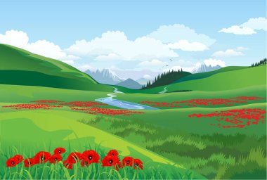 Dağların ve vadilerin bahar-yaz manzarası. tatil Nauryz arkaplan kartpostalı. Vektör illüstrasyonu