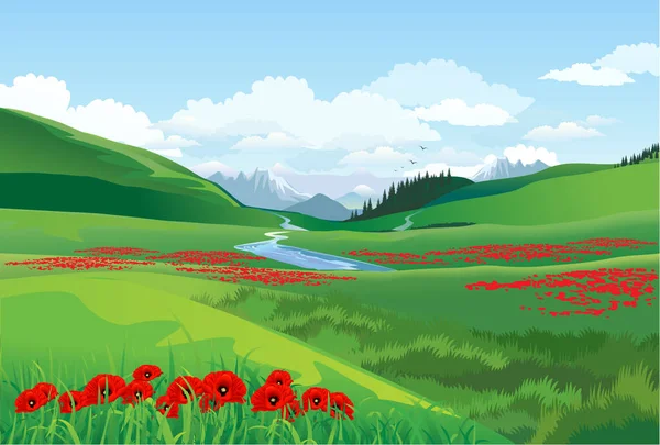 山和谷的春夏景观 假日Nauryz背景明信片 矢量说明 — 图库矢量图片