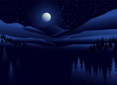Gece dağ silueti koyu mavi arkaplan yıldızları ve ay düz vektör çizimi