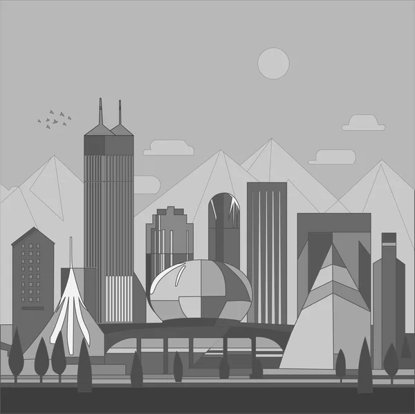 Silueta Ciudad Ilustración Gráfica Plana Escala Grises Rascacielos Una Ciudad — Vector de stock