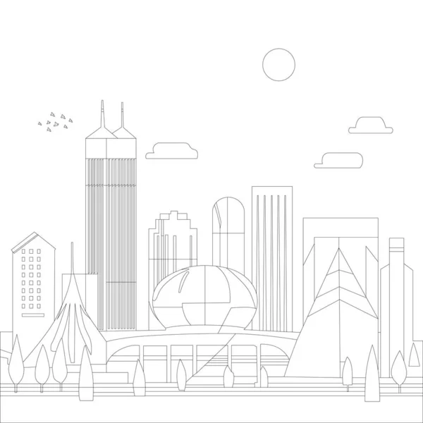 Vektor Illusztrációja Város Város Lineáris Stílusban Épületek Felhőkarcoló Park Gyár — Stock Vector