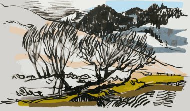 Doğanın vektör illüstrasyonu. Dağlarla, çayırlarla ve ormanlarla dolu bir manzara. Vahşi doğada turizmin ve eğlencenin bir yansıması. El çizimi, siyah beyaz grafikler