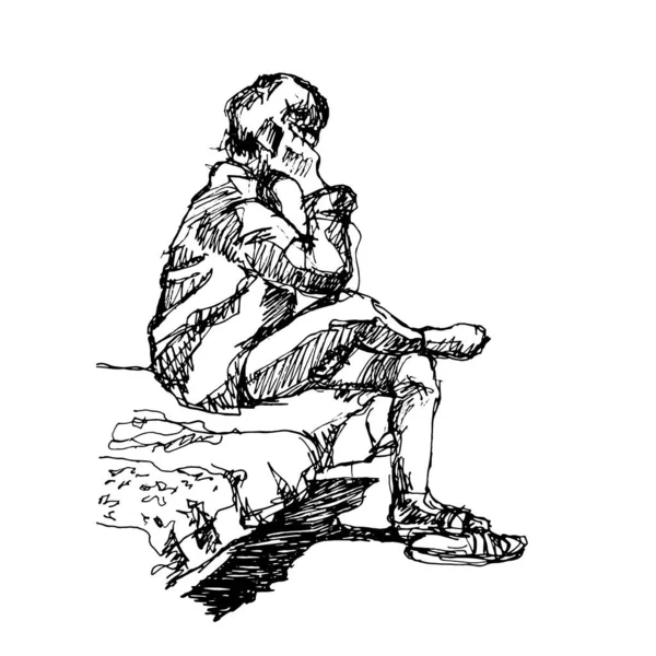 Hombre Con Ropa Casa Sentado Una Cama Hablando Por Teléfono — Archivo Imágenes Vectoriales