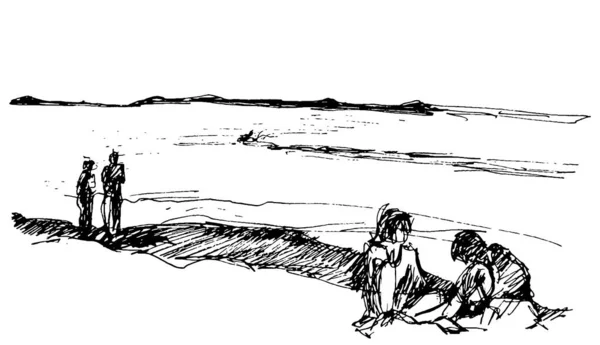 Иллюстрация Черно Белая Графика Люди Сидят Прогуливаясь Берегу Горизонта Пейзажа — стоковый вектор