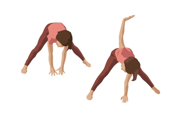 Młoda Kobieta Ćwiczy Gimnastykę Pochyla Się Macha Rękami Ilustracja Wektora — Wektor stockowy