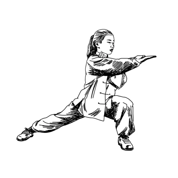 Figura Dibujada Mano Chica Postura Wushu Kung Que Muestra Ejercicio — Vector de stock