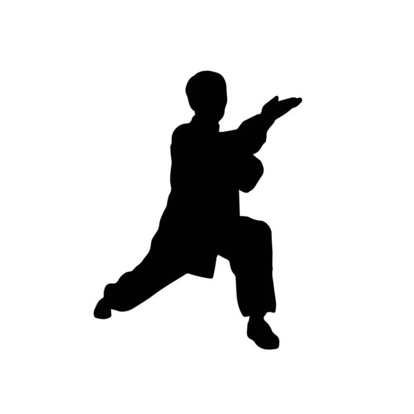 Silueta Hombre Mostrando Wushu Kung Una Postura Lucha Ilustración Vectorial — Vector de stock