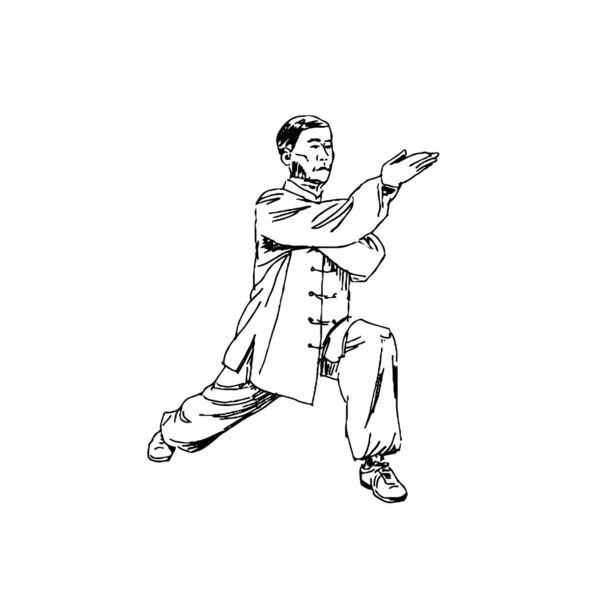 Desenho Homem Homem Esboço Rápido Esboço Wushu Kung Pose Ilustração — Vetor de Stock