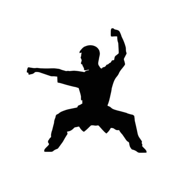 Człowiek Pokazuje Wushu Stojąc Sztuka Wushu Karate Kung Sylwetka Ilustracja — Wektor stockowy