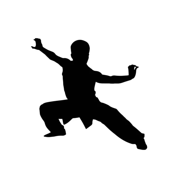 Silueta Hombre Mostrando Wushu Marcial Ejercicio Kung Ilustración Vectorial Wushu — Vector de stock