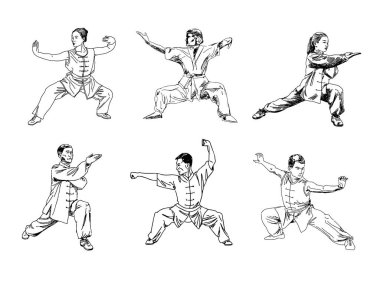 Sporla ilgilenen bir grup insan beyaz arka planda izole edilmiş. Wushu, kung fu, tekvando, karate. Çizim taslağı. Vektör illüstrasyonu