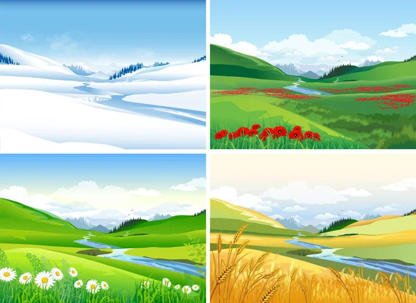 Seasons, winter, spring, autumn, summer. Vector illustration with mountains, valleys, rivers and flowers. four Seasons