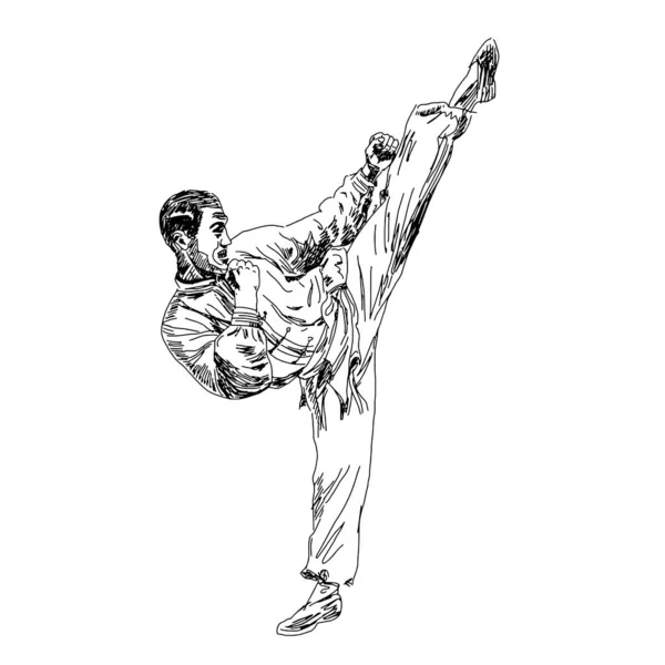 Boceto Dibujado Mano Hombre Mostrando Una Pose Patada Wushu Recursos — Vector de stock