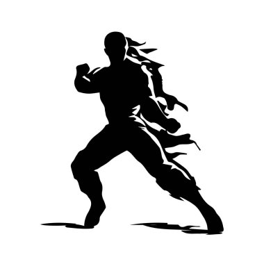 Ateşle saldıran karateci silueti. Vektör illüstrasyonu