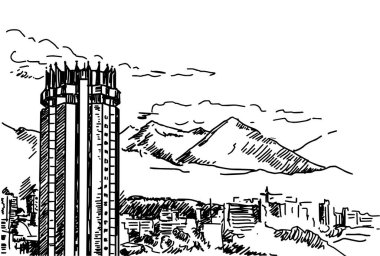 Mimari çizim, arka planında dağ manzarası olan Kazakistan 'daki Almatı Oteli. Vektör illüstrasyonu