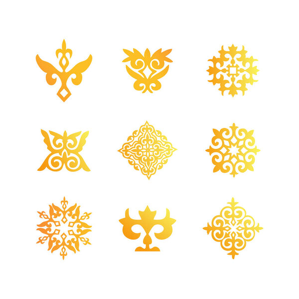 Golden Kazakh Ornaments  Ethnic Decorative Vector Elements Set