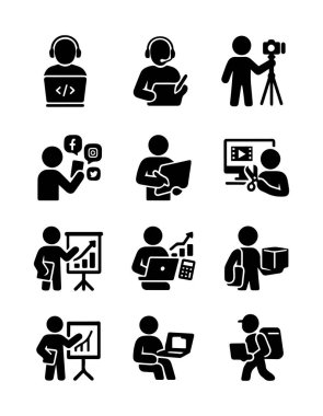 Modern meslek siluet simgeleri seti programcı, grafik tasarımcı, içerik oluşturucu, SMM yöneticisi, illüstratör, video düzenleyici, proje yöneticisi, finans analisti, kurye, dağıtım