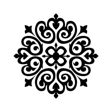 Siluet siyah ve beyaz vektör süslemesi dairesel simetrik desenli, dövme kalıbı, logo ögesi ve oyun kartı arkaplanı için uygun