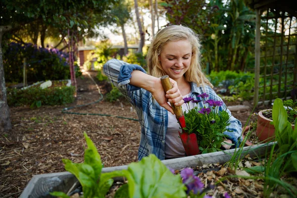 Happy Young Caucasian Woman Checked Shirt Using Spade While Planting — Stockfoto